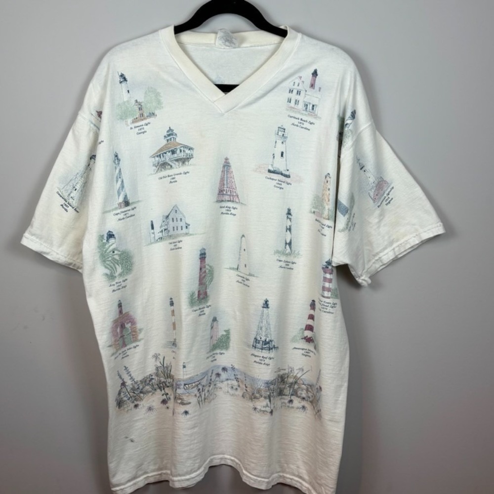 Vintage 90's Mens All-over Lighthouse Print 100% Cotton‎ Short Sleeve Tee SZ XL
